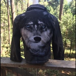Kreativekristen wolf embellished black  vintage gray denim jacket  HP26x6
